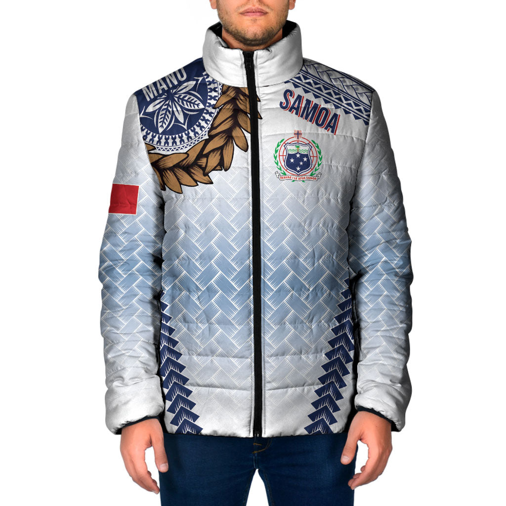 Manu Samoa Rugby Custom White Padded Jacket ʻIe Toga Pattern With Brown Ula fala LT7 Men White - Polynesian Pride