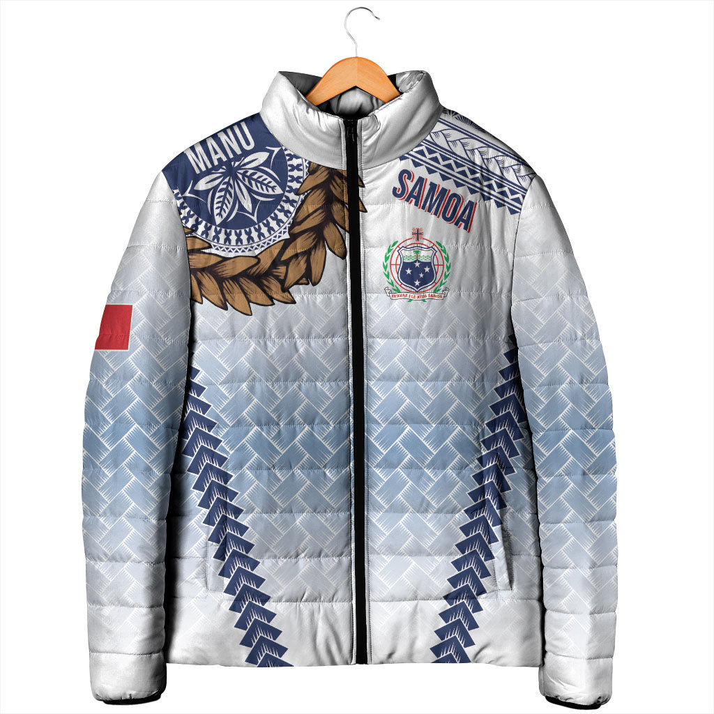 Manu Samoa Rugby Custom White Padded Jacket ʻIe Toga Pattern With Brown Ula fala LT7 - Polynesian Pride