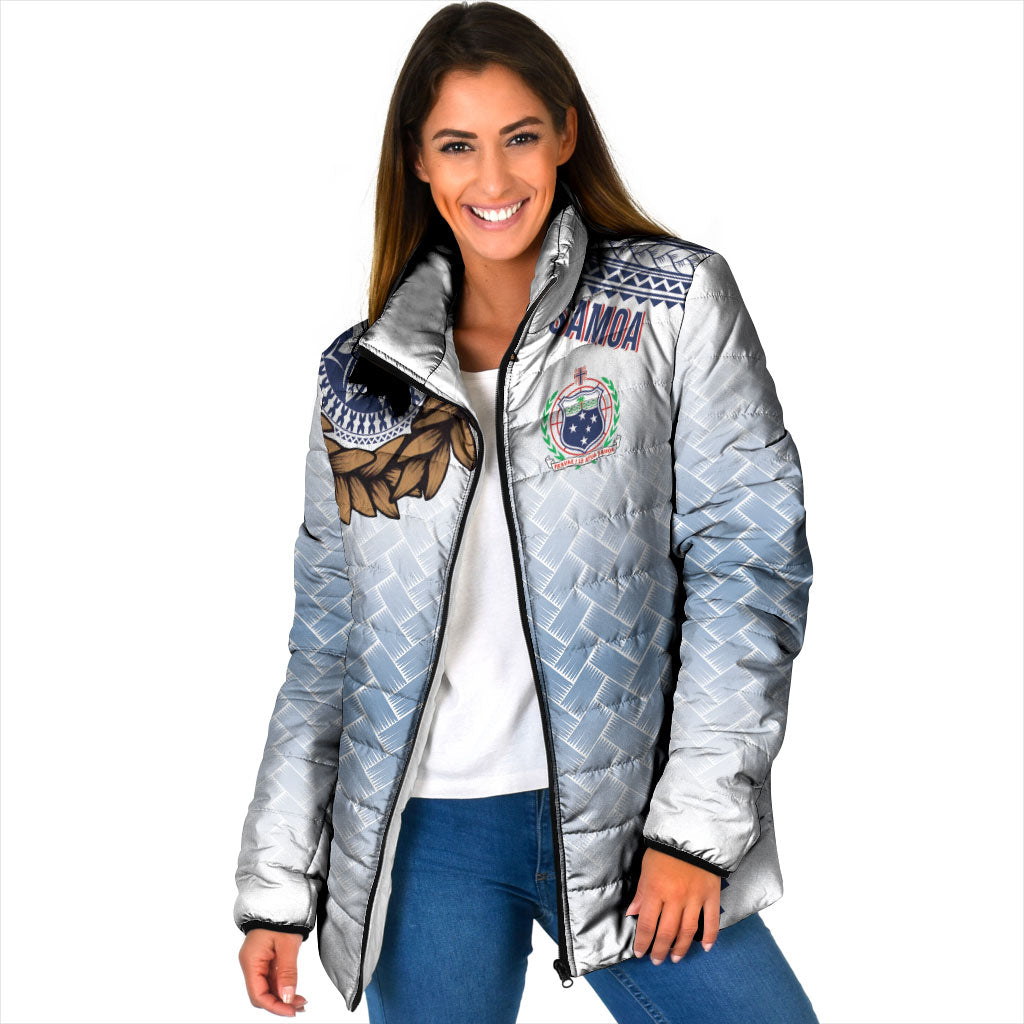 Manu Samoa Rugby Custom White Padded Jacket ʻIe Toga Pattern With Brown Ula fala LT7 Women White - Polynesian Pride