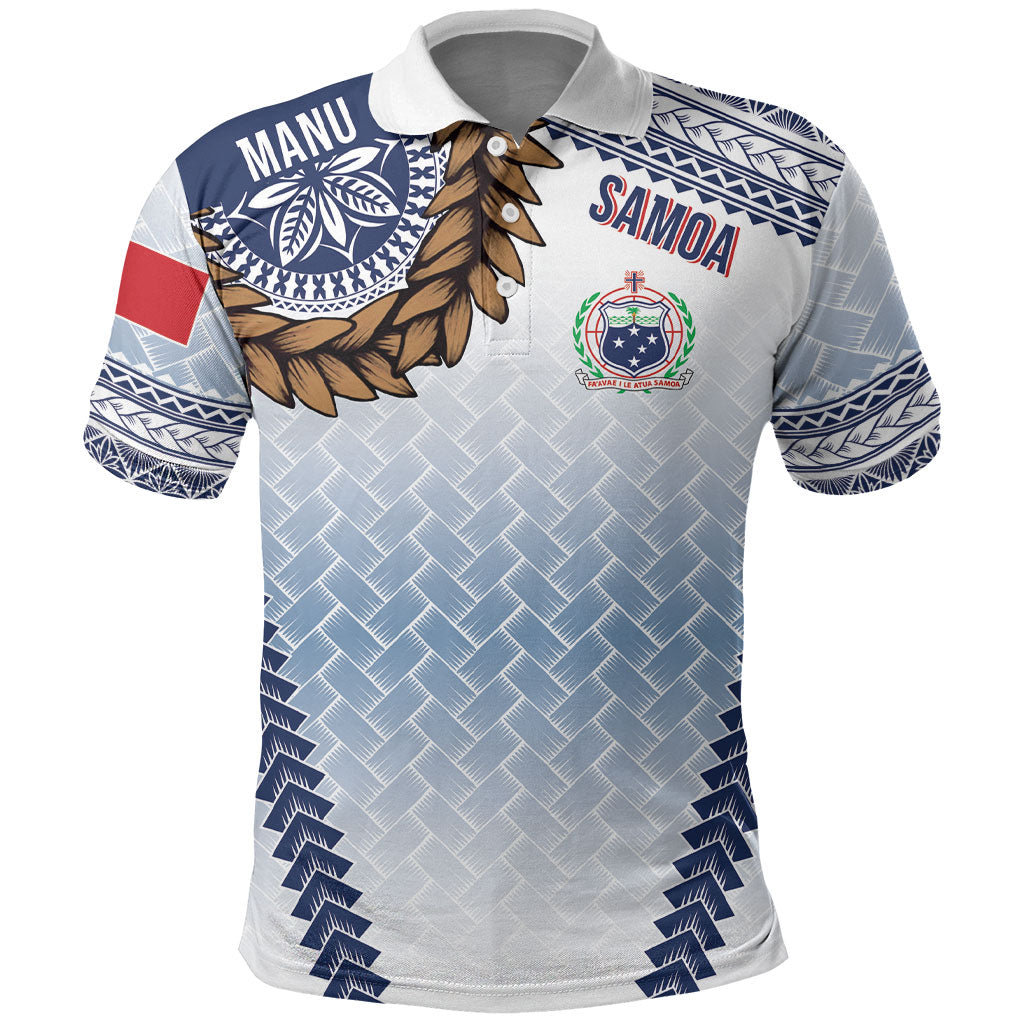 Manu Samoa Rugby Custom White Polo Shirt ʻIe Toga Pattern With Brown Ula fala LT7 White - Polynesian Pride