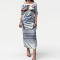 Manu Samoa Rugby Custom White Puletasi ʻIe Toga Pattern With Brown Ula fala LT7 Long Dress White - Polynesian Pride