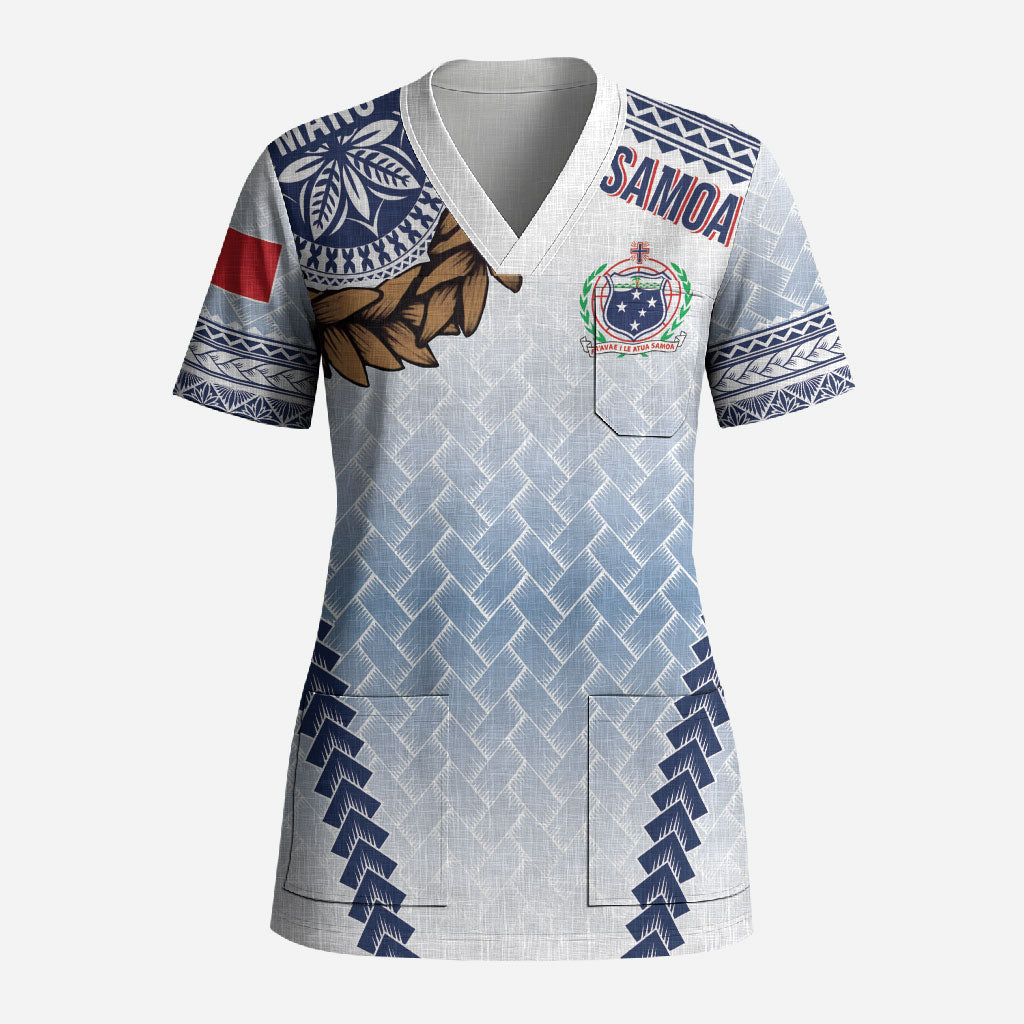 Manu Samoa Rugby Custom White Scrub Top ʻIe Toga Pattern With Brown Ula fala LT7 Adult White - Polynesian Pride
