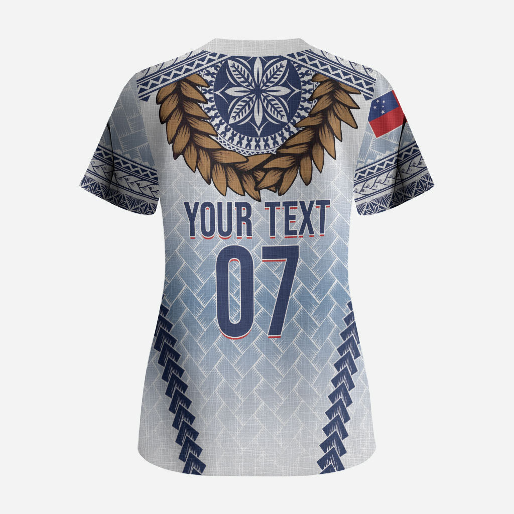 Manu Samoa Rugby Custom White Scrub Top ʻIe Toga Pattern With Brown Ula fala LT7 - Polynesian Pride