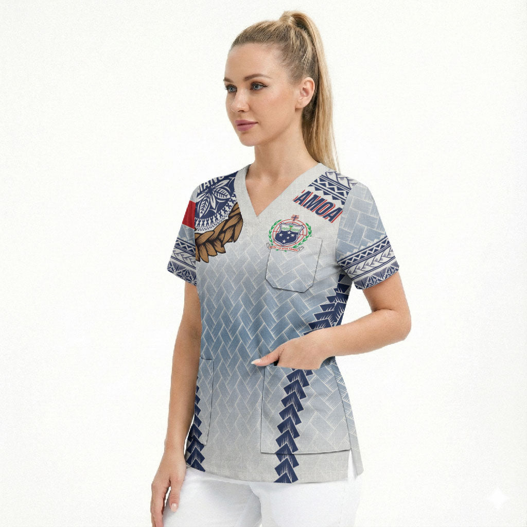 Manu Samoa Rugby Custom White Scrub Top ʻIe Toga Pattern With Brown Ula fala LT7 - Polynesian Pride