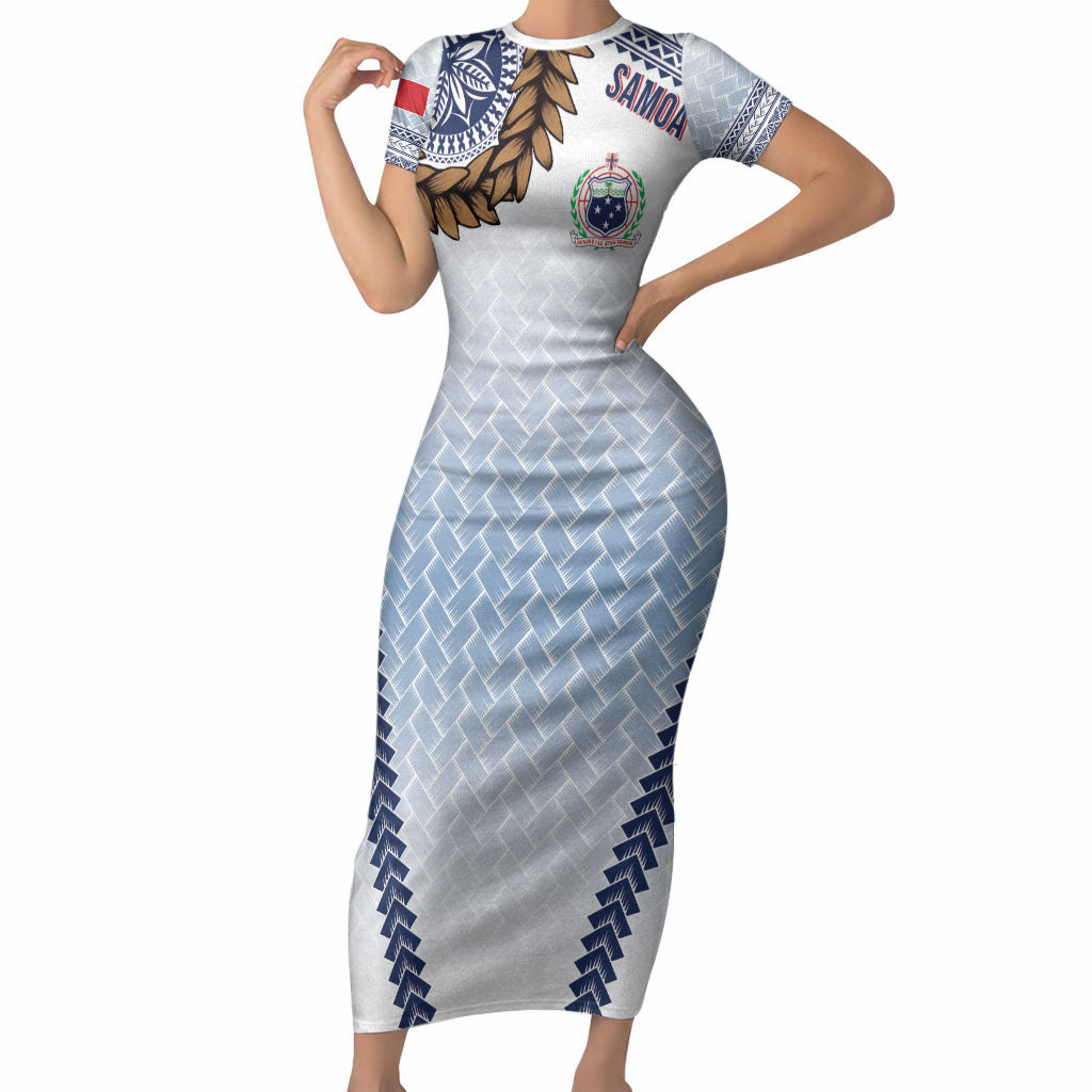 Manu Samoa Rugby Custom White Short Sleeve Bodycon Dress ʻIe Toga Pattern With Brown Ula fala LT7 Long Dress White - Polynesian Pride