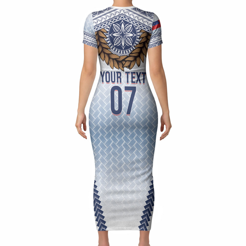 Manu Samoa Rugby Custom White Short Sleeve Bodycon Dress ʻIe Toga Pattern With Brown Ula fala LT7 - Polynesian Pride