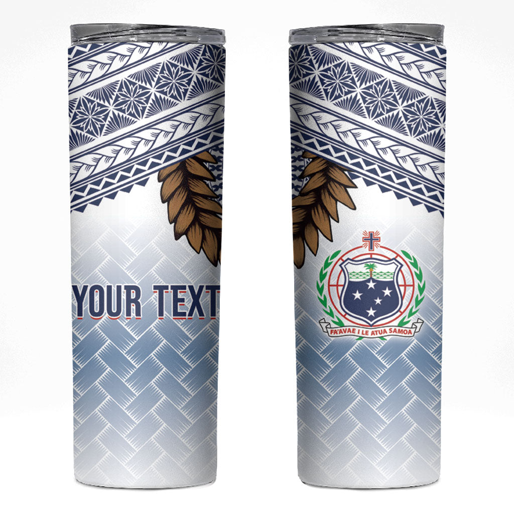 Manu Samoa Rugby Custom White Skinny Tumbler ʻIe Toga Pattern With Brown Ula fala