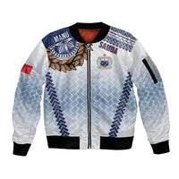 Manu Samoa Rugby Custom White Sleeve Zip Bomber Jacket ʻIe Toga Pattern With Brown Ula fala LT7 Unisex White - Polynesian Pride