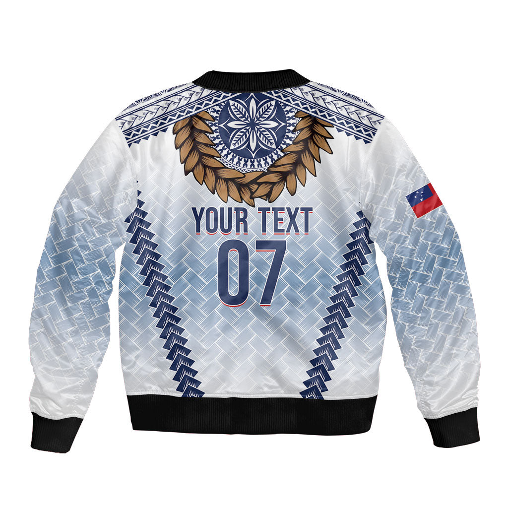 Manu Samoa Rugby Custom White Sleeve Zip Bomber Jacket ʻIe Toga Pattern With Brown Ula fala LT7 - Polynesian Pride