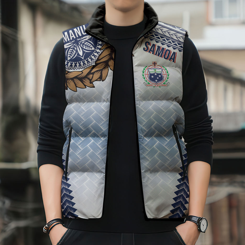Manu Samoa Rugby Custom White Sleeveless Puffer Jacket ʻIe Toga Pattern With Brown Ula fala LT7 - Polynesian Pride