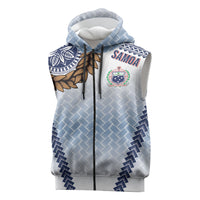 Manu Samoa Rugby Custom White Sleeveless Zip Hoodie ʻIe Toga Pattern With Brown Ula fala LT7 White - Polynesian Pride