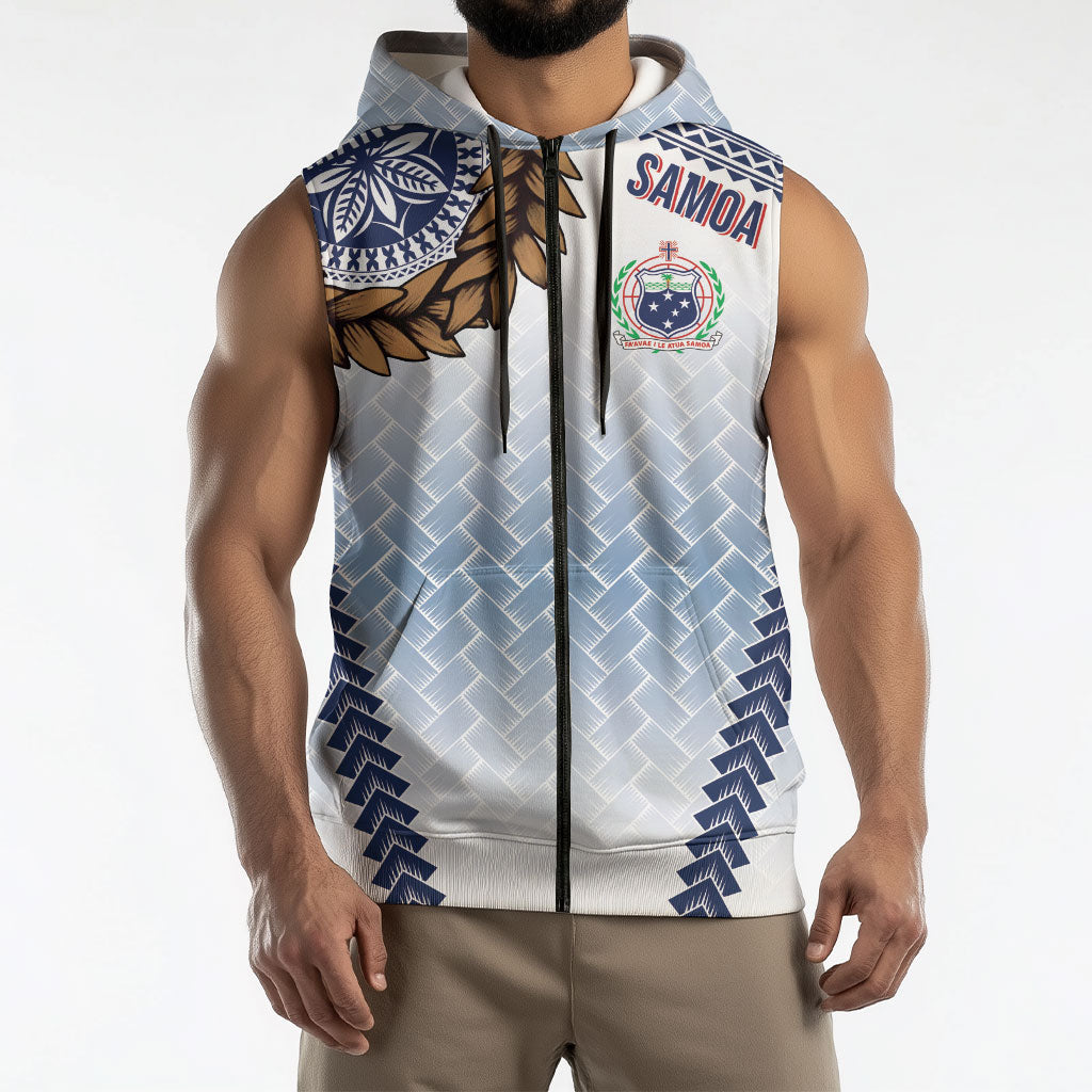 Manu Samoa Rugby Custom White Sleeveless Zip Hoodie ʻIe Toga Pattern With Brown Ula fala LT7 - Polynesian Pride