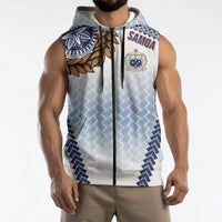 Manu Samoa Rugby Custom White Sleeveless Zip Hoodie ʻIe Toga Pattern With Brown Ula fala LT7 - Polynesian Pride