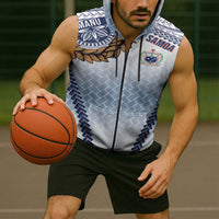 Manu Samoa Rugby Custom White Sleeveless Zip Hoodie ʻIe Toga Pattern With Brown Ula fala LT7 - Polynesian Pride