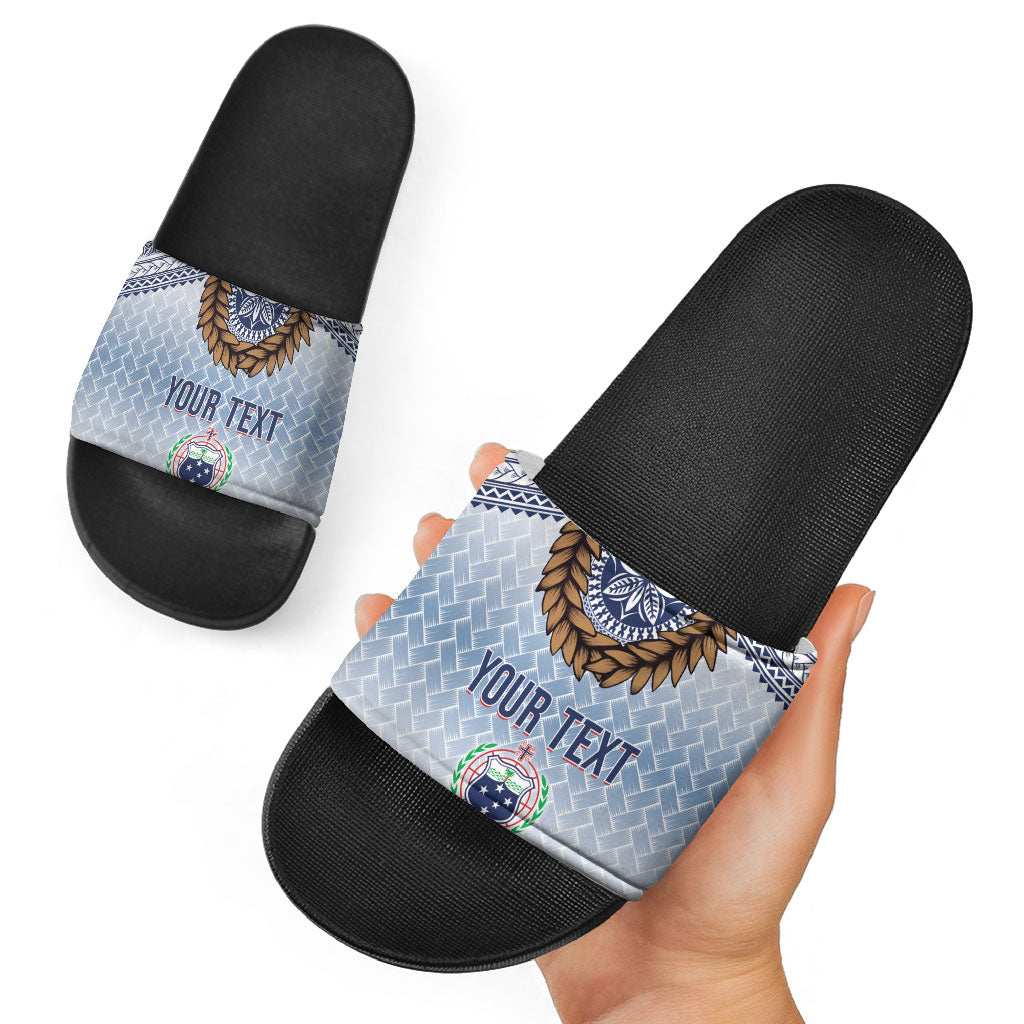 Manu Samoa Rugby Custom White Slide Sandals ʻIe Toga Pattern With Brown Ula fala LT7 - Polynesian Pride