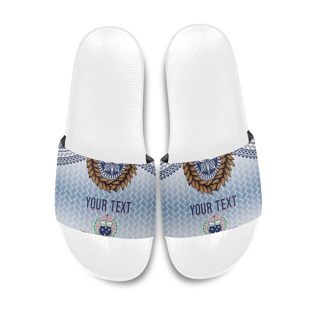 Manu Samoa Rugby Custom White Slide Sandals ʻIe Toga Pattern With Brown Ula fala LT7 White - Polynesian Pride
