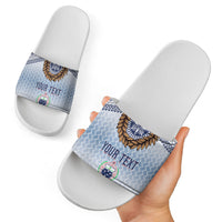 Manu Samoa Rugby Custom White Slide Sandals ʻIe Toga Pattern With Brown Ula fala LT7 - Polynesian Pride