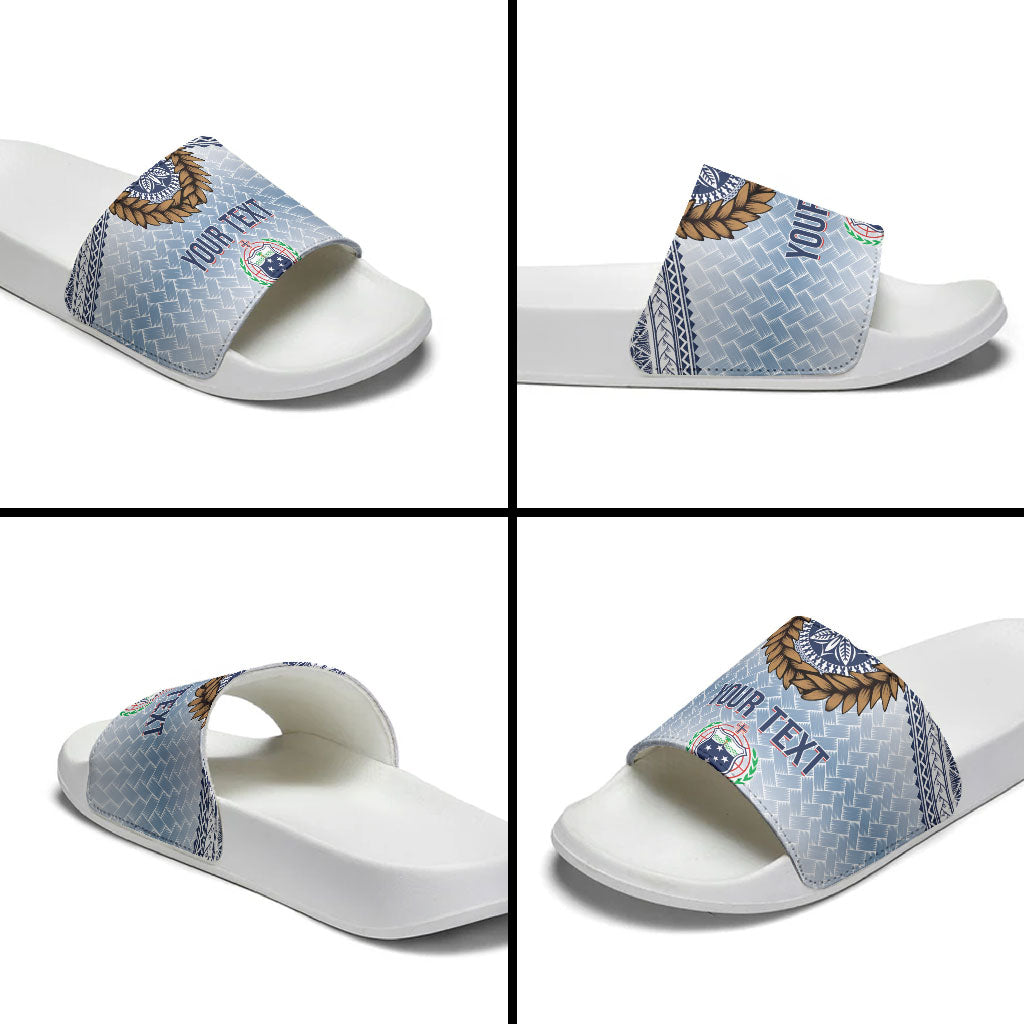 Manu Samoa Rugby Custom White Slide Sandals ʻIe Toga Pattern With Brown Ula fala LT7 - Polynesian Pride