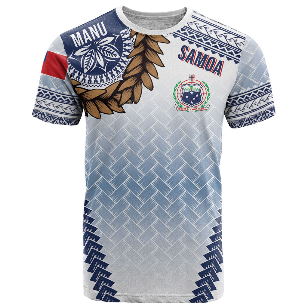 Manu Samoa Rugby Custom White T Shirt ʻIe Toga Pattern With Brown Ula fala LT7 White - Polynesian Pride