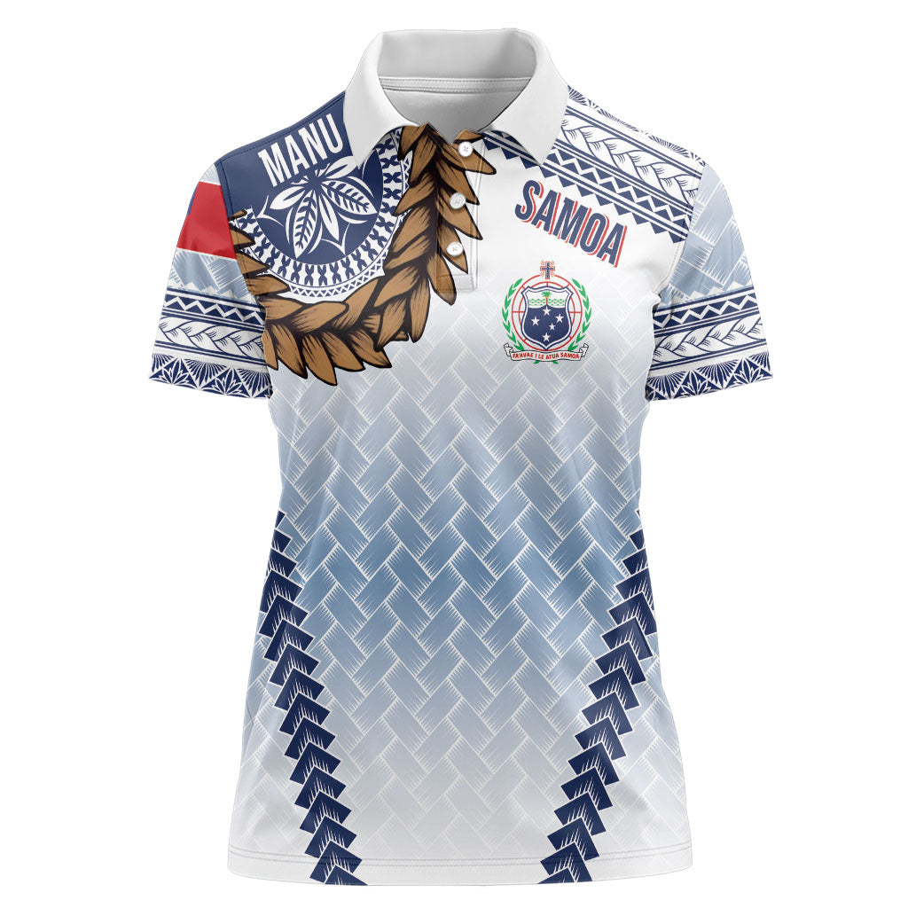 Manu Samoa Rugby Custom White Women Polo Shirt ʻIe Toga Pattern With Brown Ula fala LT7 Female White - Polynesian Pride