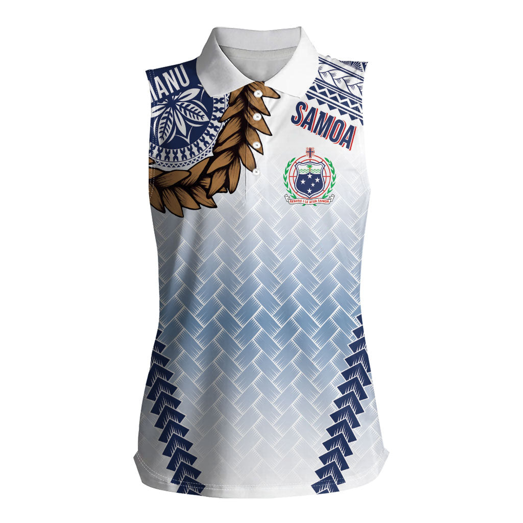 Manu Samoa Rugby Custom White Women Sleeveless Polo Shirt ʻIe Toga Pattern With Brown Ula fala LT7 Female White - Polynesian Pride