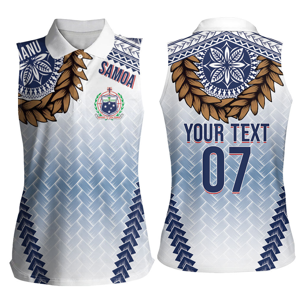 Manu Samoa Rugby Custom White Women Sleeveless Polo Shirt ʻIe Toga Pattern With Brown Ula fala LT7 - Polynesian Pride