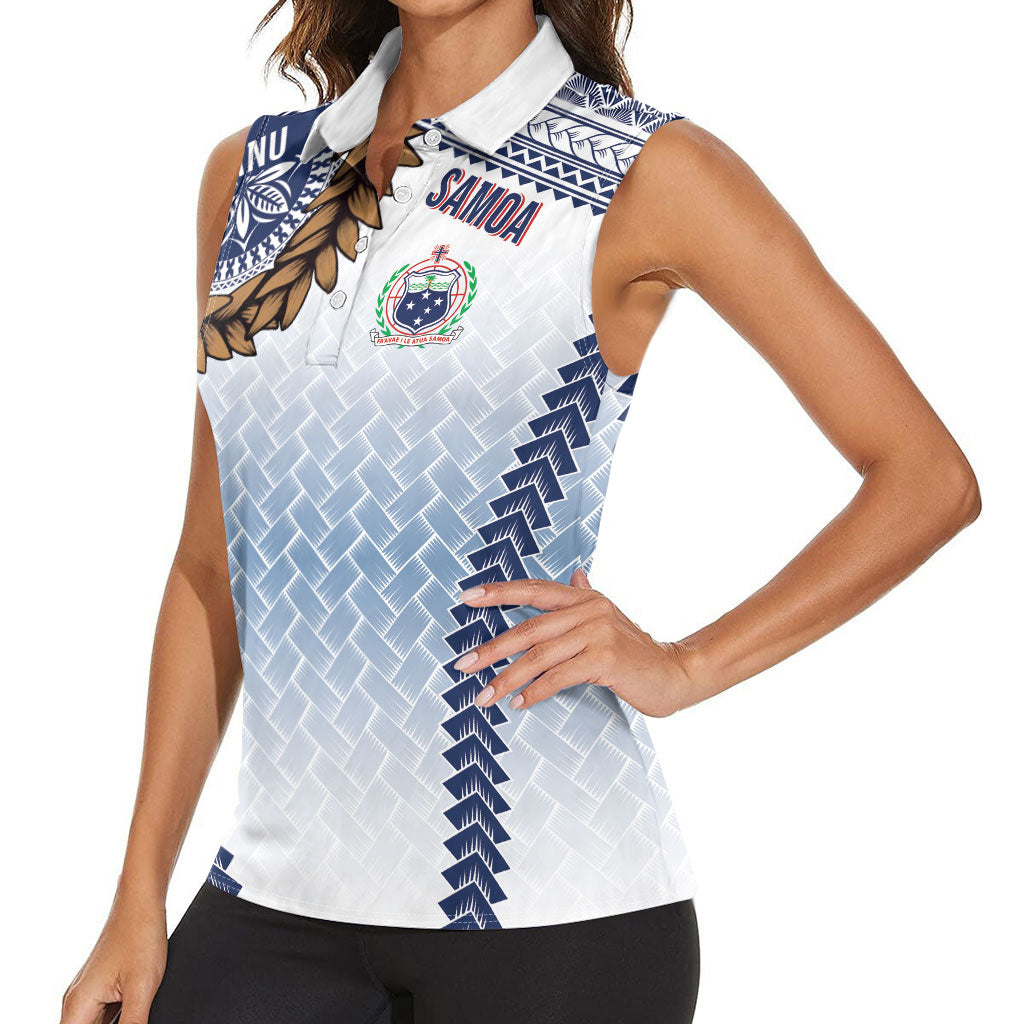 Manu Samoa Rugby Custom White Women Sleeveless Polo Shirt ʻIe Toga Pattern With Brown Ula fala LT7 - Polynesian Pride