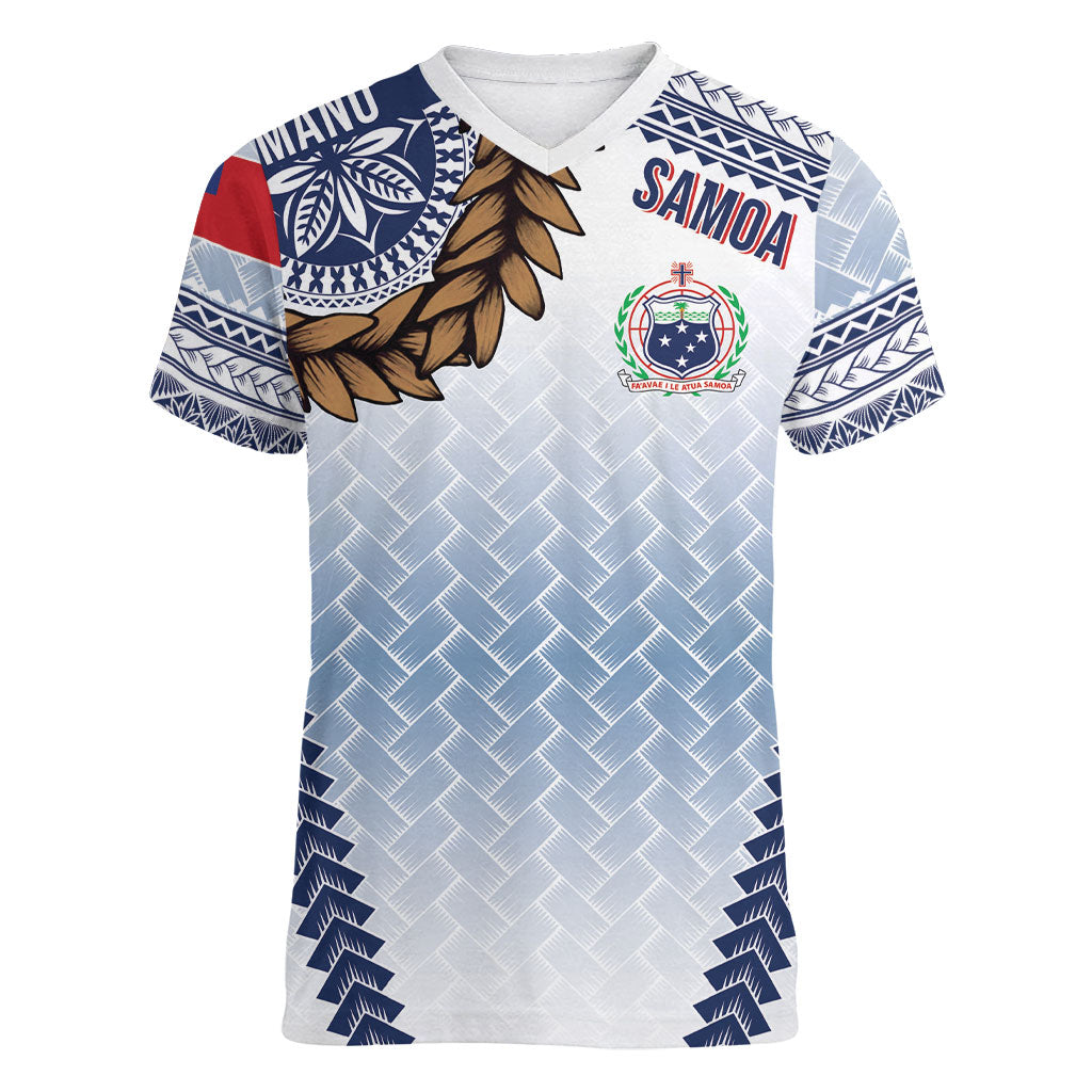 Manu Samoa Rugby Custom White Women V-Neck T-Shirt ʻIe Toga Pattern With Brown Ula fala LT7 Female White - Polynesian Pride