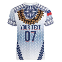 Manu Samoa Rugby Custom White Women V-Neck T-Shirt ʻIe Toga Pattern With Brown Ula fala LT7 - Polynesian Pride