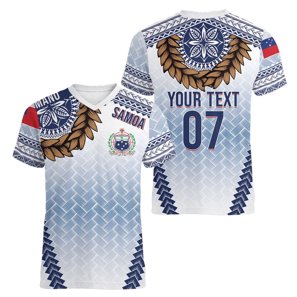 Manu Samoa Rugby Custom White Women V-Neck T-Shirt ʻIe Toga Pattern With Brown Ula fala LT7 - Polynesian Pride