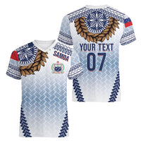 Manu Samoa Rugby Custom White Women V-Neck T-Shirt ʻIe Toga Pattern With Brown Ula fala LT7 - Polynesian Pride