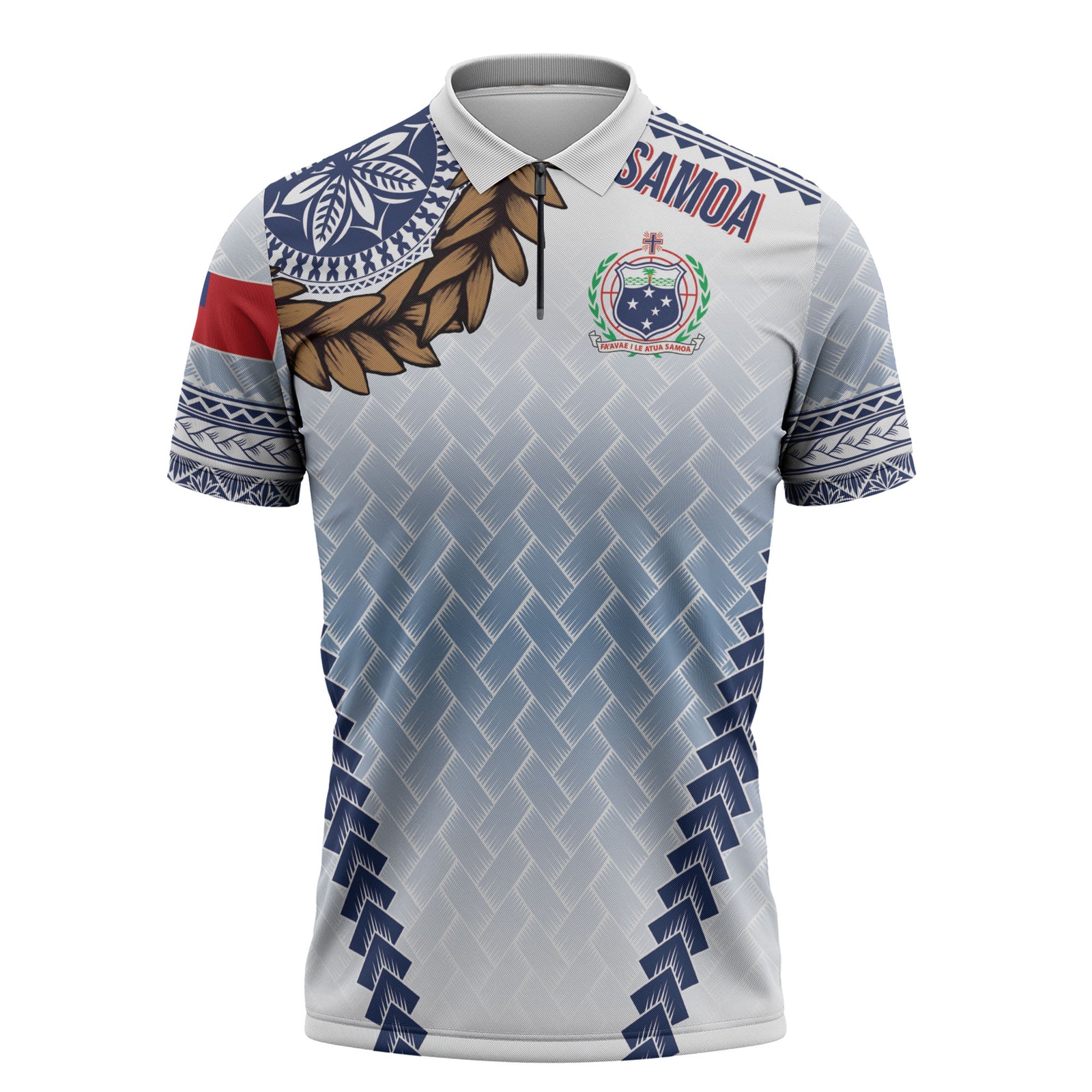 Manu Samoa Rugby Custom White Zipper Polo Shirt ʻIe Toga Pattern With Brown Ula fala LT7 White - Polynesian Pride