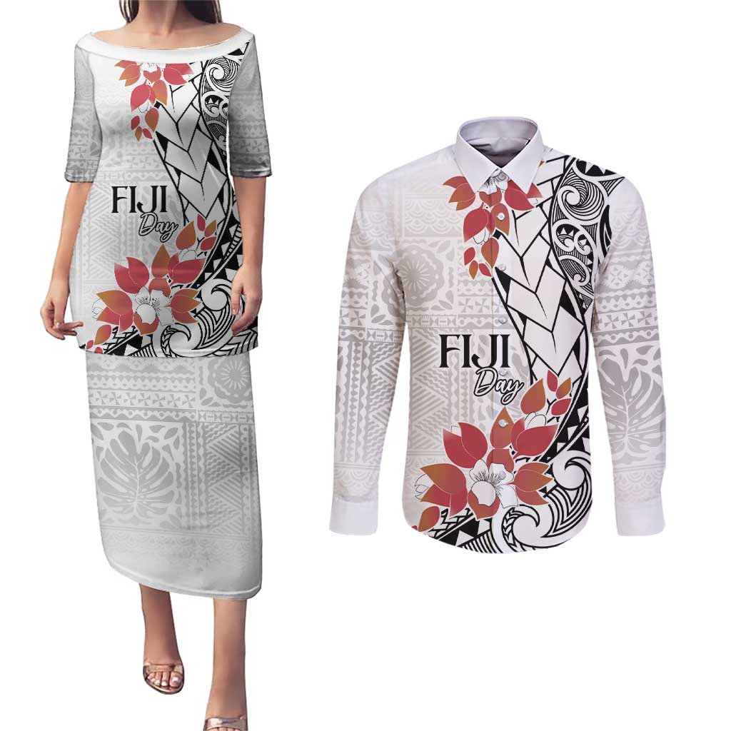 Bula Fiji Day Couples Matching Puletasi and Long Sleeve Button Shirt Tagimaucia on Masi Pattern LT7 White - Polynesian Pride