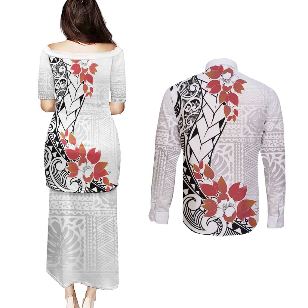 Bula Fiji Day Couples Matching Puletasi and Long Sleeve Button Shirt Tagimaucia on Masi Pattern LT7 - Polynesian Pride