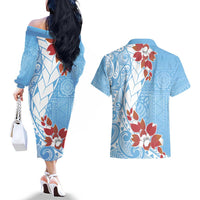 Bula Fiji Day Couples Matching Off The Shoulder Long Sleeve Dress and Hawaiian Shirt Tagimaucia on Masi Pattern - Turquoise
