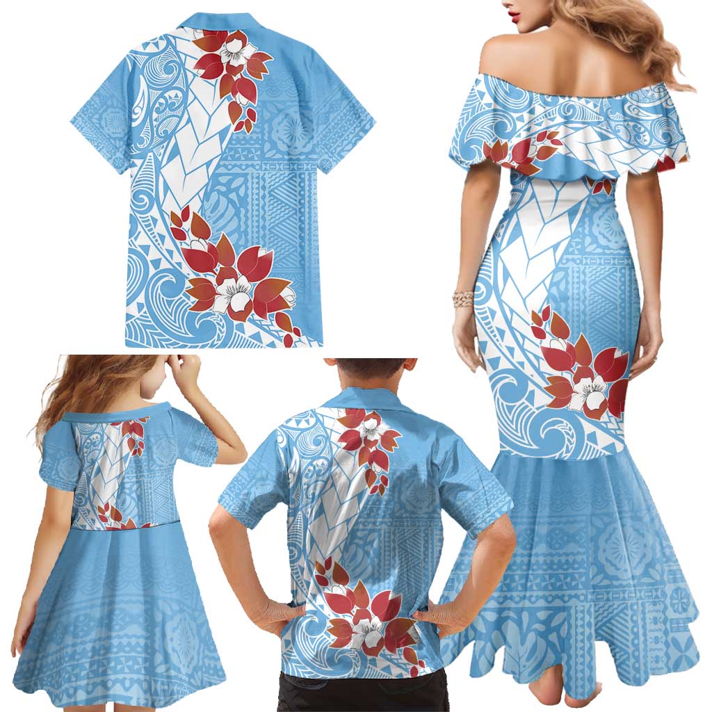 Bula Fiji Day Family Matching Mermaid Dress and Hawaiian Shirt Tagimaucia on Masi Pattern - Turquoise