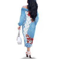 Bula Fiji Day Family Matching Off The Shoulder Long Sleeve Dress and Hawaiian Shirt Tagimaucia on Masi Pattern - Turquoise