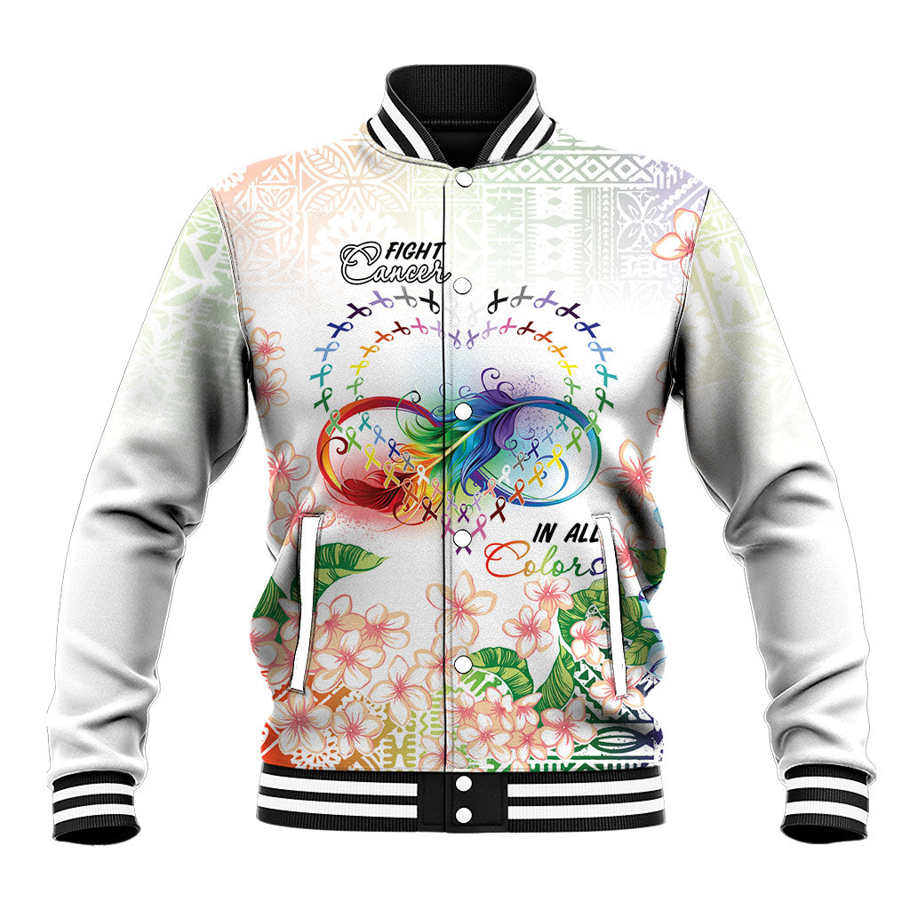 Fight Cancer In All Colors Baseball Jacket Plumeria Mix Tapa Pattern LT7 Unisex White - Polynesian Pride
