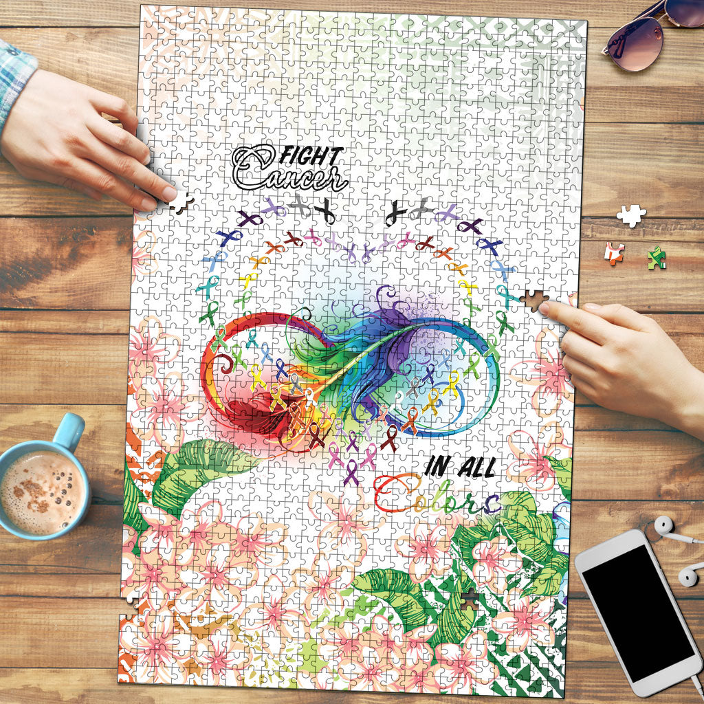 Fight Cancer In All Colors Puzzle Plumeria Mix Tapa Pattern LT7 White - Polynesian Pride