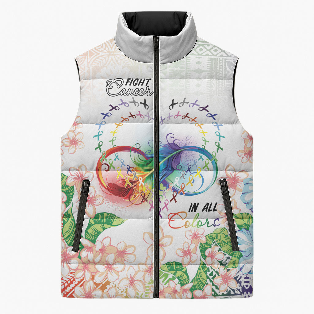 Fight Cancer In All Colors Sleeveless Puffer Jacket Plumeria Mix Tapa Pattern LT7 Unisex White - Polynesian Pride