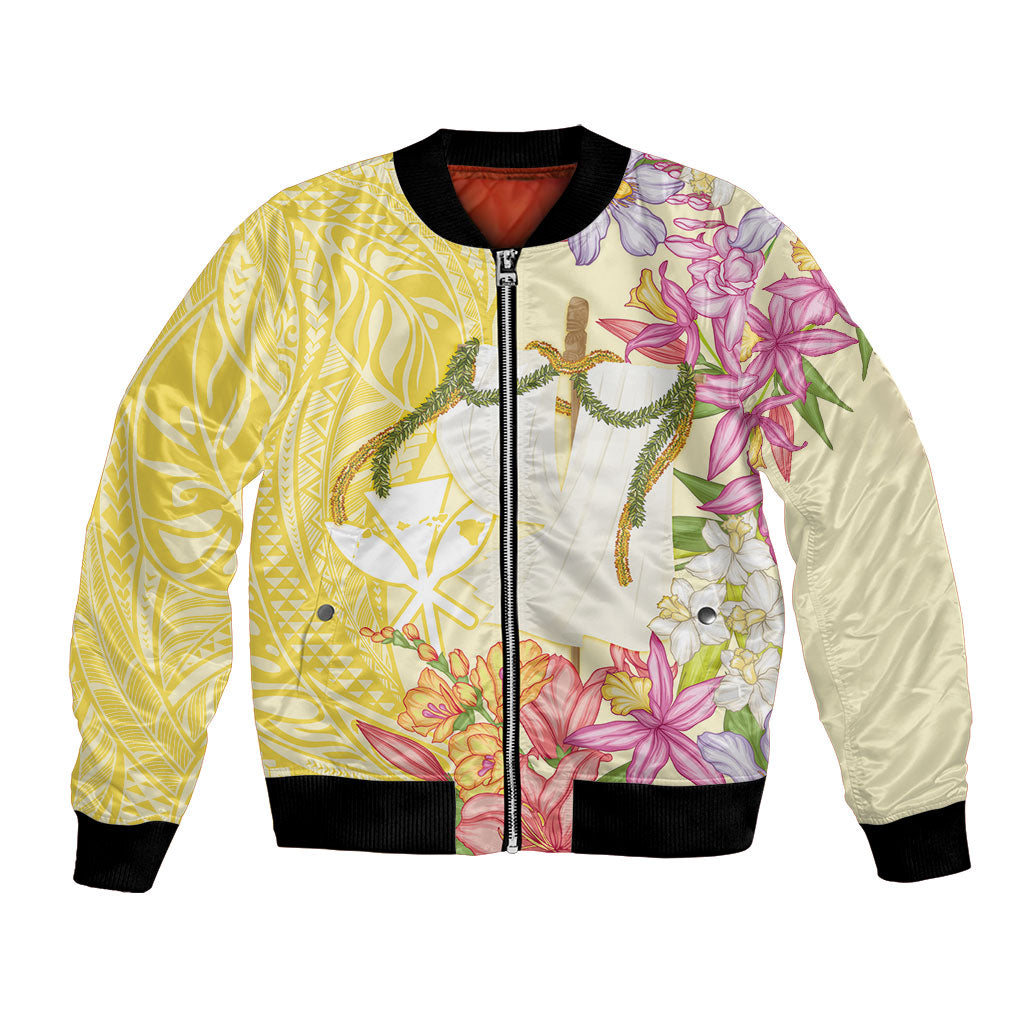 Aloha Hawaii Kanaka Makahiki Bomber Jacket Akua Loa - Festive Golden Sand LT7 Unisex Sandy Yellow - Polynesian Pride