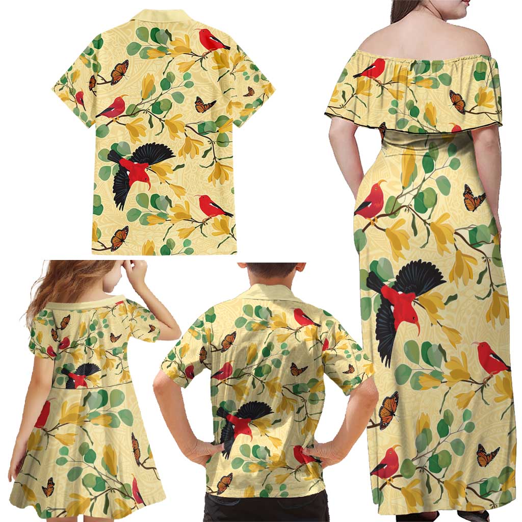Aloha Hawaii Family Matching Off Shoulder Maxi Dress and Hawaiian Shirt I'iwi on Mamane Pastel Cream