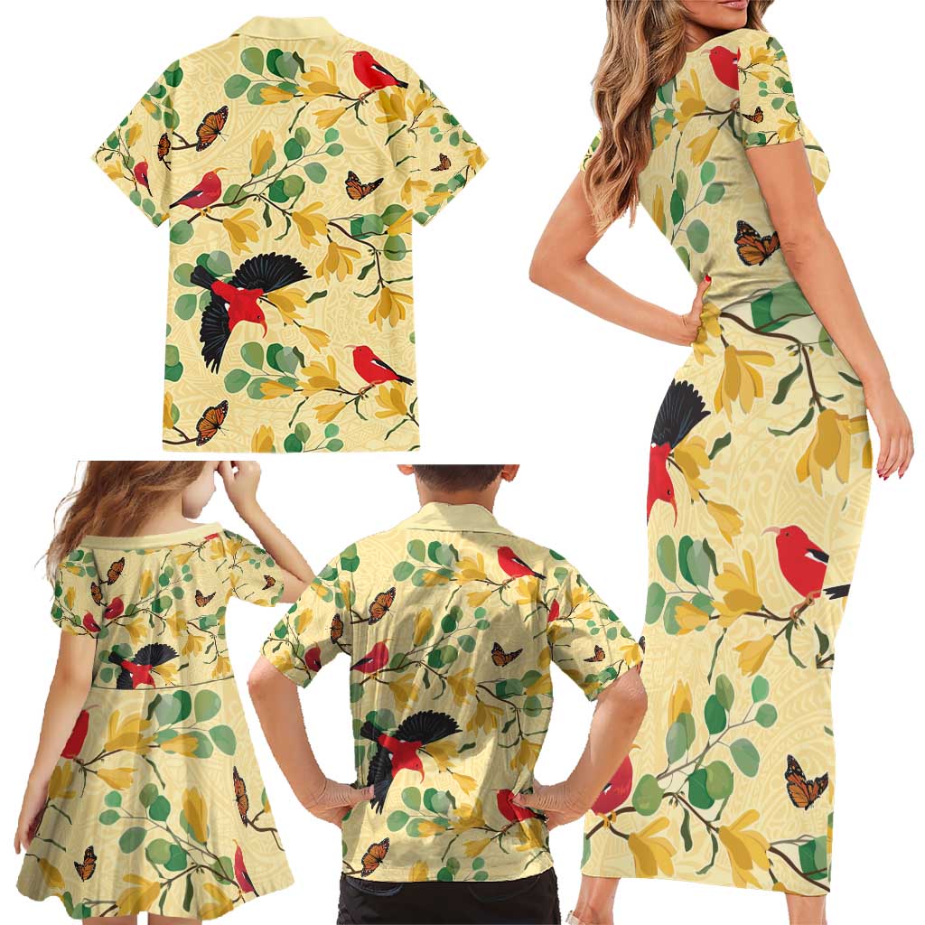 Aloha Hawaii Family Matching Short Sleeve Bodycon Dress and Hawaiian Shirt I'iwi on Mamane Pastel Cream
