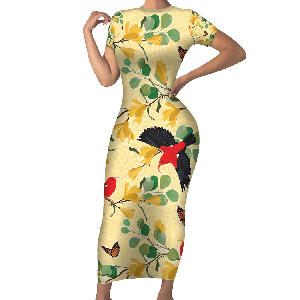 Aloha Hawaii Family Matching Short Sleeve Bodycon Dress and Hawaiian Shirt I'iwi on Mamane Pastel Cream