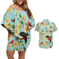 Aloha Hawaii Couples Matching Off Shoulder Short Dress and Hawaiian Shirt I'iwi on Mamane Pastel Turquoise