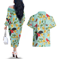 Aloha Hawaii Couples Matching Off The Shoulder Long Sleeve Dress and Hawaiian Shirt I'iwi on Mamane Pastel Turquoise