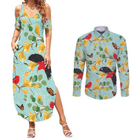 Aloha Hawaii Couples Matching Summer Maxi Dress and Long Sleeve Button Shirt I'iwi on Mamane Pastel Turquoise