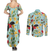 Aloha Hawaii Couples Matching Summer Maxi Dress and Long Sleeve Button Shirt I'iwi on Mamane Pastel Turquoise