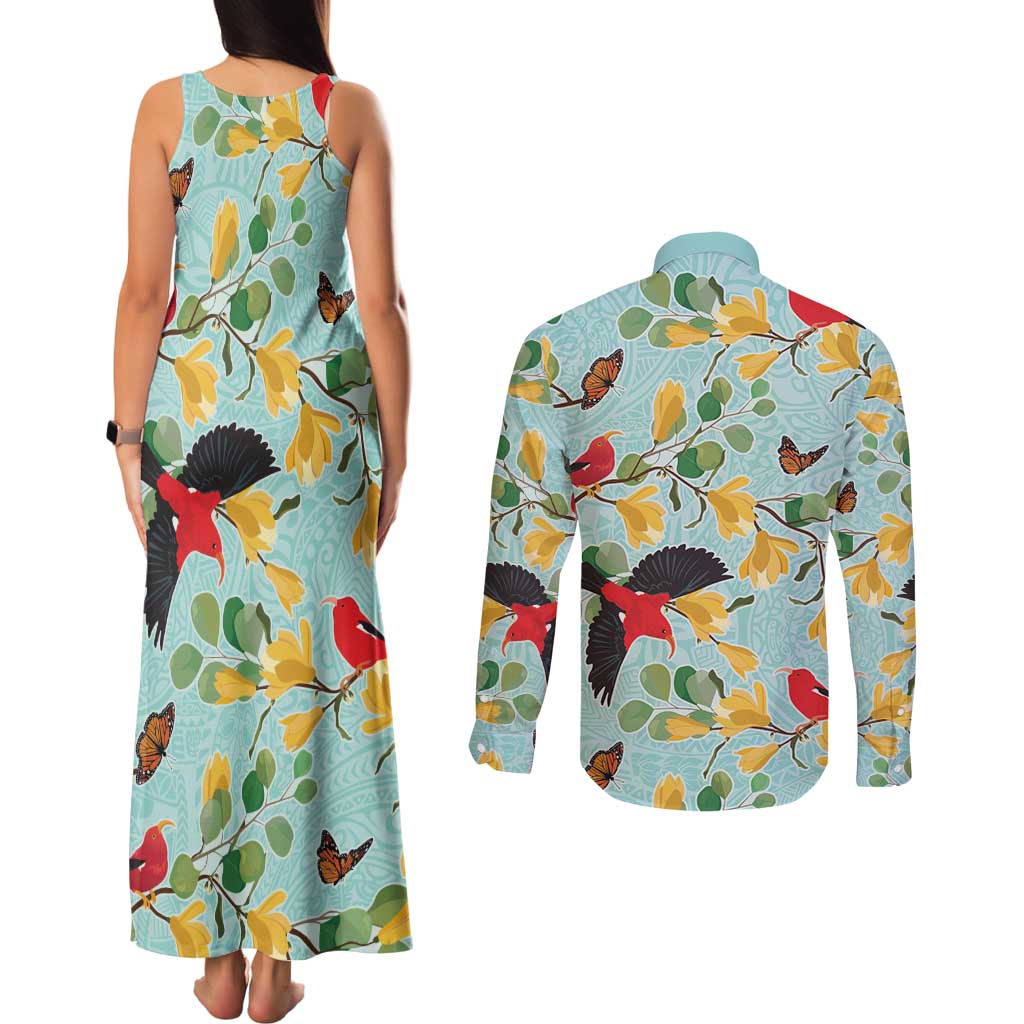 Aloha Hawaii Couples Matching Tank Maxi Dress and Long Sleeve Button Shirt I'iwi on Mamane Pastel Turquoise