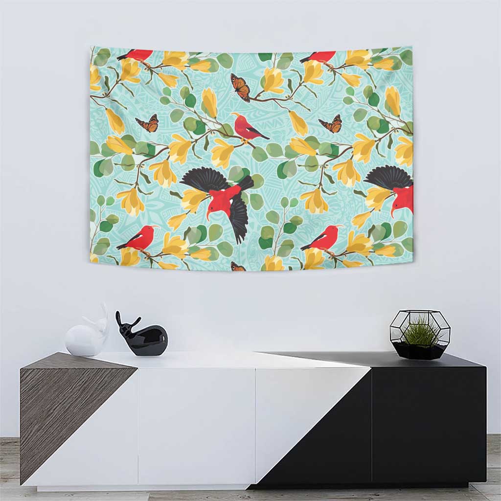 Aloha Hawaii Tapestry I'iwi on Mamane Pastel Turquoise